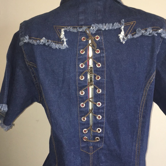 Y2K Denim Button Dress With Lace Up Back - Picture 7 of 11